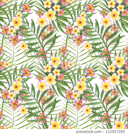 seamless pattern tropic plant palm, hibiscus. plumeria flower isolated on white background. Watercolor hand drawn botanical illustration. Art for design fabric, cosmetic, wrapping paper, spa 112857265