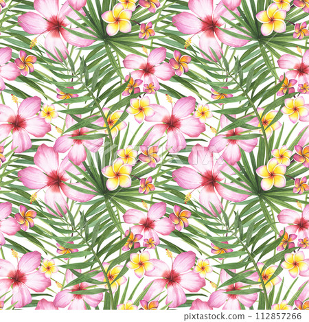 seamless pattern tropic plant palm, hibiscus. plumeria flower isolated on white background. Watercolor hand drawn botanical illustration. Art for design fabric, cosmetic, wrapping paper, spa 112857266