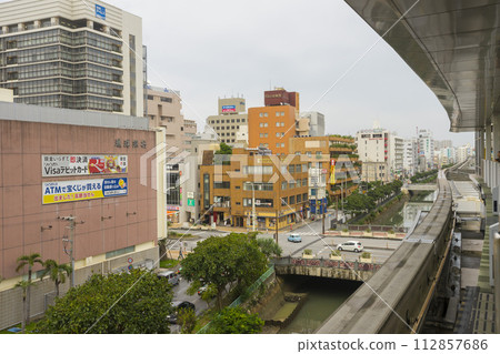 Okinawa, Japan - June 9,2019 : Yui Rail or Okinawa Urban Monorail approaching train station in Okinawa, Japan on June 9,2019. 112857686