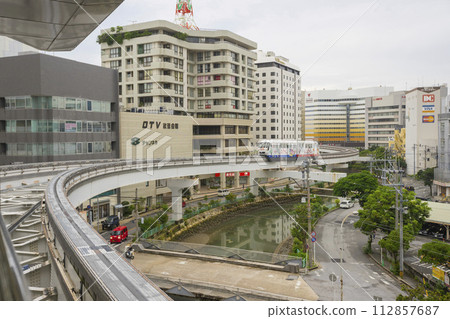 Okinawa, Japan - June 9,2019 : Yui Rail or Okinawa Urban Monorail approaching train station in Okinawa, Japan on June 9,2019. 112857687