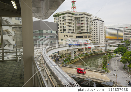 Okinawa, Japan - June 9,2019 : Yui Rail or Okinawa Urban Monorail approaching train station in Okinawa, Japan on June 9,2019. 112857688
