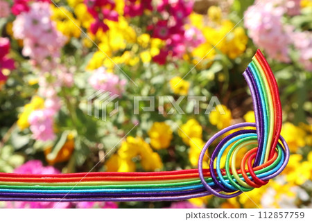 彩虹色的裝飾和春天的花朵 112857759