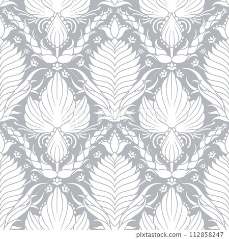 Seamless pattern of white Damask motifs on a gray background. 112858247