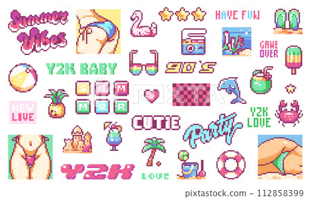 Summer Pixel Art Collection: Cute, Happy Women in Swimwear, Beach, Y2K Party Vibes, Palm, Drink, Food, Dolphin, Seaside Vacation Icons, Anime, Game Beauty, Retro 8 Bit Gamer Stickers, 90s-2000s Style. 112858399