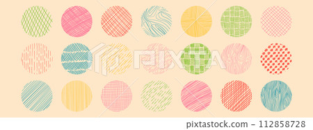 Vector freehand textures set with different hand drawn circle patterns. Vector scribble, horizontal and wave strokes collection. Vector freehand textures set with different hand drawn circle patterns. Vector scribble, horizontal and wave strokes collection. 112858728