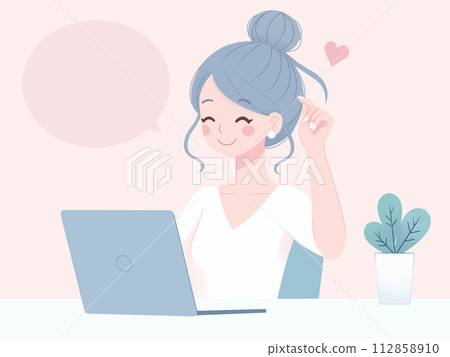 一位女性在時尚的辦公桌上舒適地進行遠距辦公的插圖 112858910