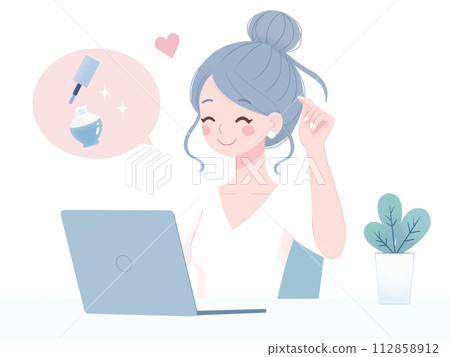 Illustration of a woman doing comfortable telework at a stylish desk (nails, piercings, hairstyle free) 112858912