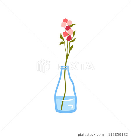 Fresh flower in glass vase. Fragile delicate stems in water. Cut floral plant. Gentle spring blooms, blossomed summer wildflower bouquet isolated on white background. Flat vector illustration Fresh flower in glass vase. Fragile delicate stems in water. Cut floral plant. Gentle spring blooms, blossomed summer wildflower bouquet isolated on white background. Flat vector illustration 112859182