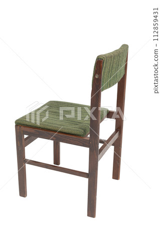 Polish original chair from the 70s and 80s with green stripes. Angled view from the back. 112859431