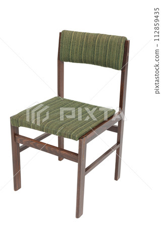 Polish original chair from the 70s and 80s with green stripes. Front angle view. Polish original chair from the 70s and 80s with green stripes. Front angle view. 112859435