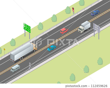An image of an expressway with two-way traffic separated by a center pole drawn using isometric projection (plain color) An image of an expressway with two-way traffic separated by a center pole drawn using isometric projection (plain color) 112859626