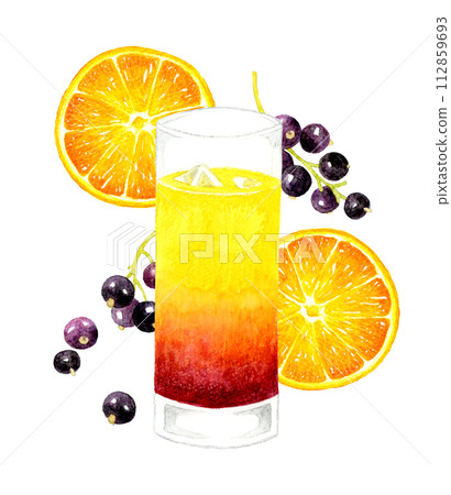 Cassis orange (casiolet) and fruit hand-drawn watercolor illustration material for drinks and alcohol 112859693