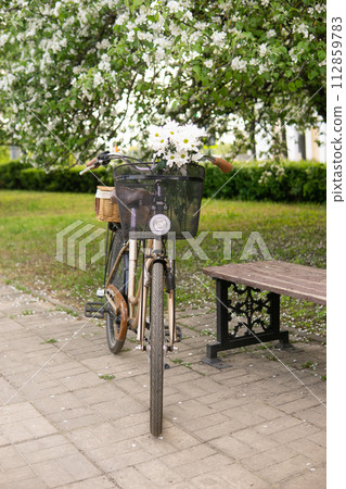 A beautiful retro bike with a wicker basket stands next to a blooming apple tree in the park. A beautiful retro bike with a wicker basket stands next to a blooming apple tree in the park. 112859783
