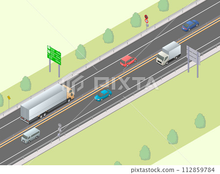 An image of a two-way expressway (green area) separated by a wire rope protective fence drawn using isometric projection. An image of a two-way expressway (green area) separated by a wire rope protective fence drawn using isometric projection. 112859784