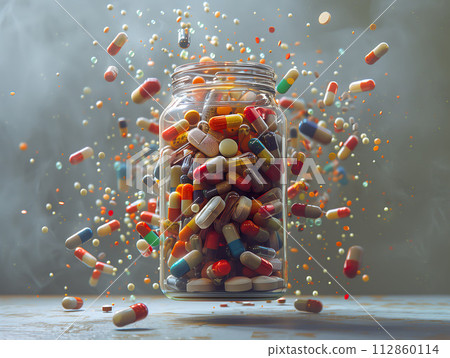 Dynamic composition of assorted pills and capsules spilling from a bottle. Generative AI. 112860114