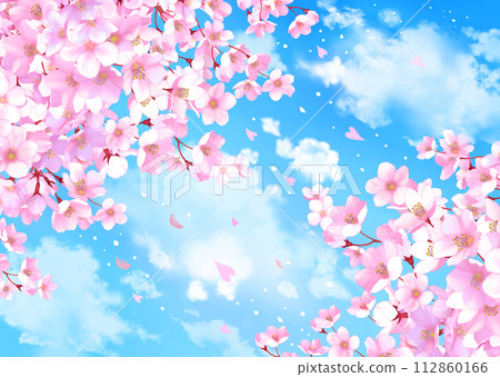 水彩畫櫻花與藍天、風景、櫻花暴風雪 水彩畫櫻花與藍天、風景、櫻花暴風雪 112860166