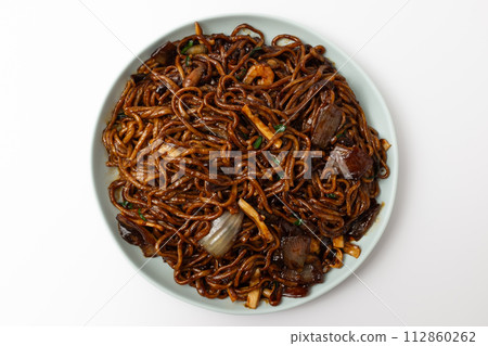 Platter Jjajangmyeon on a white background Platter Jjajangmyeon on a white background 112860262