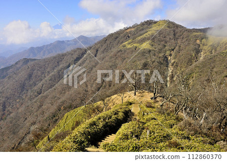 From Mt. Tanzawa in the Tanzawa Mountains, a traverse route along the main line of Tanzawa, overlooking Mt. Fuji between the clouds and Fudonomine in autumn. 112860370