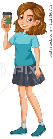Cheerful Girl Holding a Coffee Cup 112860715