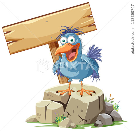 Cheerful Bird with Wooden Sign Cheerful Bird with Wooden Sign 112860747