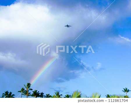 A plane and a rainbow flying over a palm tree on Oahu, Hawaii A plane and a rainbow flying over a palm tree on Oahu, Hawaii 112861704