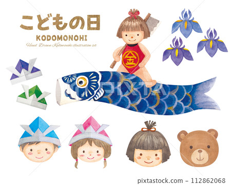 兒童節金太郎和騎著鯉魚旗微笑的孩子向量圖素材 112862068