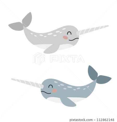 Cartoon hand drawn narwhal on isolated white background. Character of the polar arctic sea animals for the logo, print, design. Vector illustration Cartoon hand drawn narwhal on isolated white background. Character of the polar arctic sea animals for the logo, print, design. Vector illustration 112862148