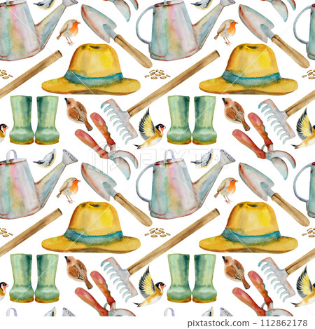 Hand drawn watercolor illustration spring gardening tools, rake shovel watering can, hat rubber boots, birds. Seamless pattern isolated on white background. Design print, shop, scrapbooking, packaging Hand drawn watercolor illustration spring gardening tools, rake shovel watering can, hat rubber boots, birds. Seamless pattern isolated on white background. Design print, shop, scrapbooking, packaging 112862178
