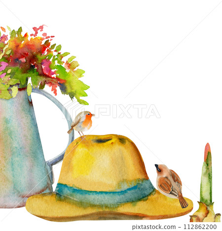 Hand drawn watercolor illustration spring gardening, watering can with flowers, straw hat, birds robin sparrow, bulb sprout. Square frame isolated on white background. Design print, shop, scrapbooking 112862200