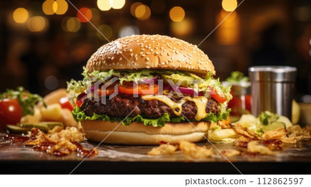 Cheese burger - American cheese burger with Golden French fries and fresh vegetables 112862597