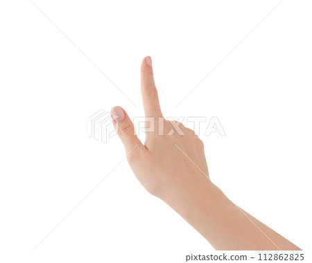 Young woman hand touch screen gesture isolated on white background 112862825