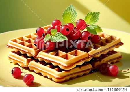 Viennese waffles with ripe red currants in a plate isolated on a yellow background 112864454