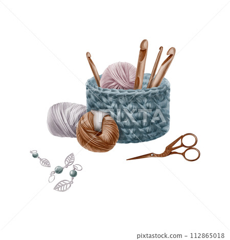 Watercolor composition with accessories for knitting.Knitted basket, skeins of yarn, crane scissors, wooden hooks, dividers for knitting.For postcards, websites, flyers, business cards. Watercolor composition with accessories for knitting.Knitted basket, skeins of yarn, crane scissors, wooden hooks, dividers for knitting.For postcards, websites, flyers, business cards. 112865018