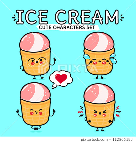 Funny cute happy Ice cream characters bundle set. Vector hand drawn doodle style cartoon character illustration. Isolated on blue background. Ice cream sundae mascot character collection Funny cute happy Ice cream characters bundle set. Vector hand drawn doodle style cartoon character illustration. Isolated on blue background. Ice cream sundae mascot character collection 112865193