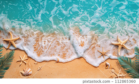 Beach Sand Sea Shore with Blue wave and white foamy summer background,Aerial beach top view overhead seaside. 112865360