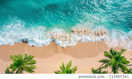 Beach Sand Sea Shore with Blue wave and white foamy summer background,Aerial beach top view overhead seaside. 112865361