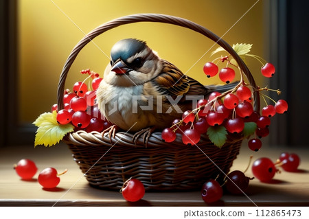 sparrow sitting in a basket with ripe red currants 112865473