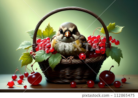 sparrow sitting in a basket with ripe red currants 112865475