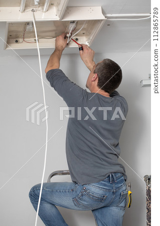 The profession of electrician is one of the most demanding and responsible professions of a construction worker. 112865789