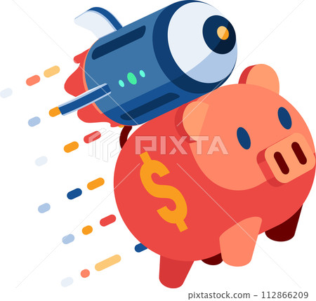 Isometric Piggy Bank with Rocket Flying Up 112866209