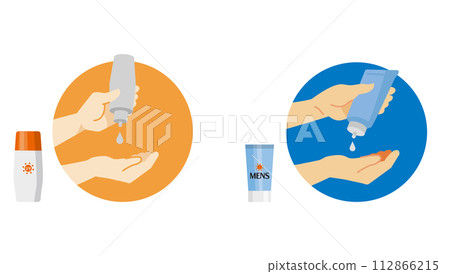 塗抹防曬霜的女性和男性手的插圖集 塗抹防曬霜的女性和男性手的插圖集 112866215