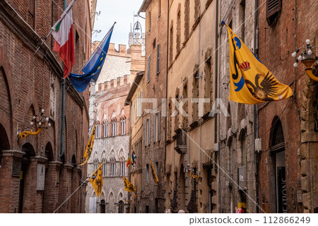 Contrade flags of the Aquila-Eagle district hanging in a street of downtown Siena 112866249