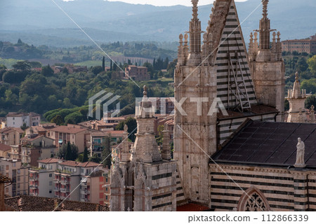 A metal brace supporting the gothic portal of the Siena cathedral, seen from the Facciatone panoramic viewpoint 112866339