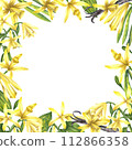 Watercolor vanilla flowers and stics frame. Hand drawn watercolor illustration of floral spices on a white isolated background. Square frame with yellow orchids. Floral frame for badge or logo.  112866358