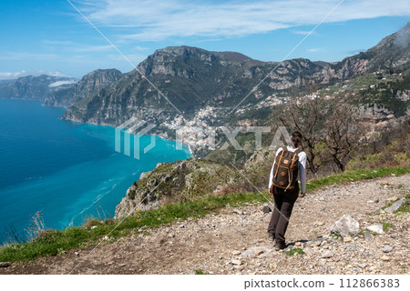 Hiking the famous path Sentiero degli Dei, the path of Gods at the Amalfi coast, Italy Hiking the famous path Sentiero degli Dei, the path of Gods at the Amalfi coast, Italy 112866383