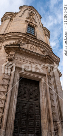 Close view of the baroque facade of the church of Purgatory in Matera, Italy 112866428