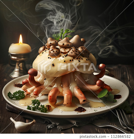 Fantasy weird dish with mushrooms with tentacles on a plate Fantasy weird dish with mushrooms with tentacles on a plate 112866582