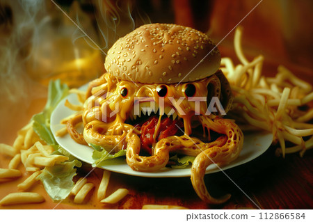Cheeseburger monster with eyes and tentacles with fries on a plate Cheeseburger monster with eyes and tentacles with fries on a plate 112866584