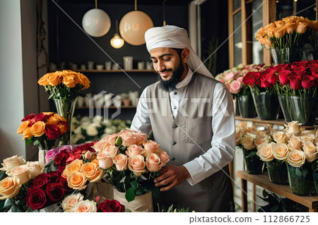 Muslim man florist collects bouquet of roses- fresh cut flowers in boxes and vases in flower shop and racks for sale, delivery for the holiday. Spring, March 8, women's Day, birthday. AI generated 112866725