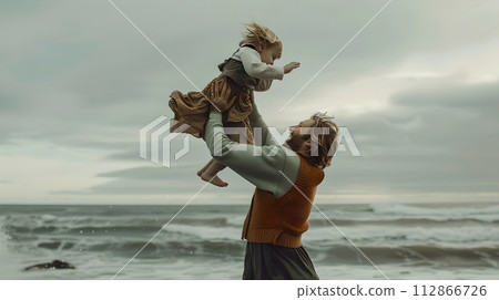 Joyful moment between a parent and child by the sea. Emotive capture of family bonding. Serene beach backdrop. Perfect for lifestyle content. AI Joyful moment between a parent and child by the sea. Emotive capture of family bonding. Serene beach backdrop. Perfect for lifestyle content. AI 112866726